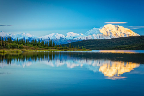 Sunset glow on Mount Denali (McKinley) reflects on Wonder Lake in autumn in Denali National Park and Preserve, Interior Alaska; Alaska, United States of America Poster Print by Sunny Awazuhara- Reed (20 x 13)