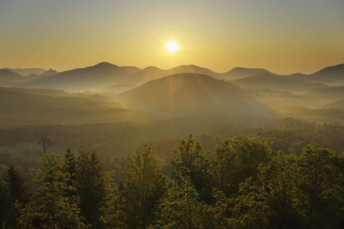 Sunrise over Mountains, Vorderweidenthal, Pfalzerwald, Rhineland-Palatinate, Germany Poster Print by Raimund Linke (19 x 12)