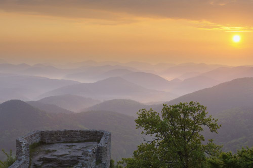 Wegelnburg and Mountains at Sunrise, Nothweiler, Pfalzerwald, Rhineland-Palatinate, Germany Poster Print by Raimund Linke (19 x 12)