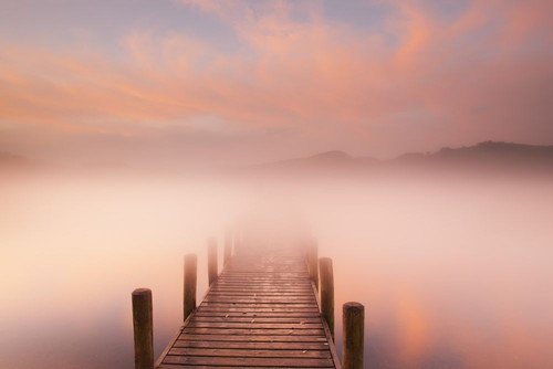 Dock in Mist at Dawn, Derwentwater, Lake District, Cumbria, England Poster Print by Jeremy Walker (17 x 11)