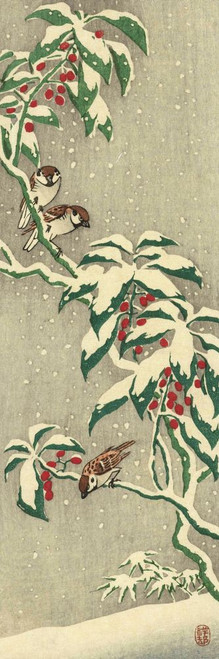 Sparrows on a Snowy Berry Bush, by Japanese artist Ohara Koson, 1877 - 1945.  Ohara Koson was part of the shin-hanga, or new prints movement. Poster Print by Ken Welsh (8 x 24)