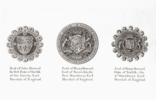 Family seals of three of the Howard family who became Earl Marshal of England.  John Howard, the first Duke of Norfolk; Henry Howard, Earl of Norwich; Henry Howard, Duke of Norfolk. Poster Print by Ken Welsh (17 x 11)