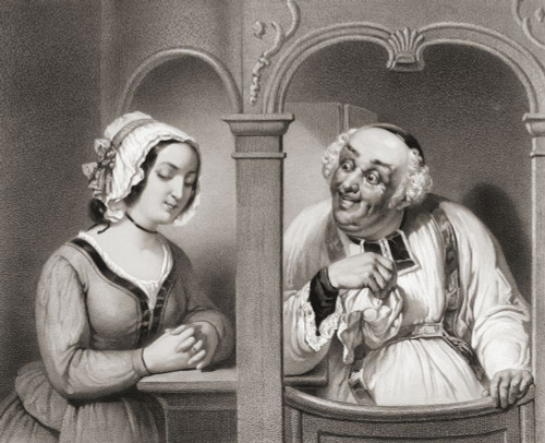 A priest leers as a young woman makes her confession.  After a 19th century work by Claude Regnier. Poster Print by Ken Welsh (17 x 13)