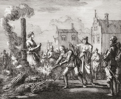 A woman is burned at the stake as a witch. After a work by Jan Luyken. Poster Print by Ken Welsh (16 x 13)
