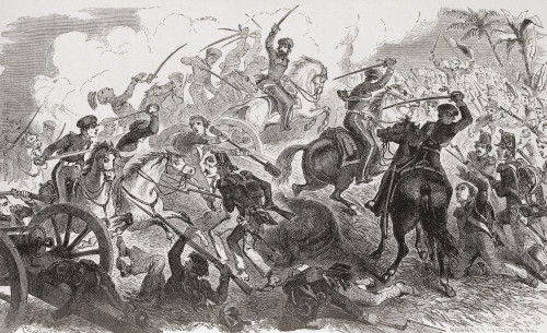 The charge of Captain Charles May's 2nd Dragoons at the Battle of Resaca de la Palma, May 9, 1846, during the Mexican-American War.  After a 19th century illustration by Carl Emil Doepler. Poster Print by Ken Welsh (18 x 11)