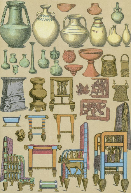 Babylonian and Assyrian furniture and household utensils.  After a late 19th century work by Friedrich Hottenroth. Poster Print by Ken Welsh (11 x 17)
