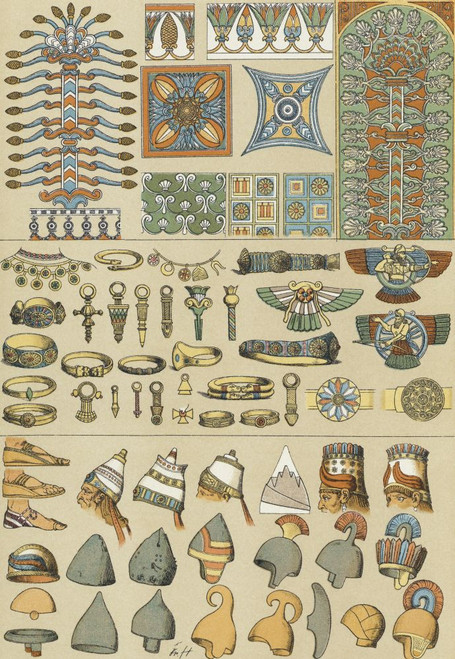 Ornaments, headdresses and footwear of the Babylonians and Assyrians.  After a late 19th century work by Friedrich Hottenroth. Poster Print by Ken Welsh (11 x 17)
