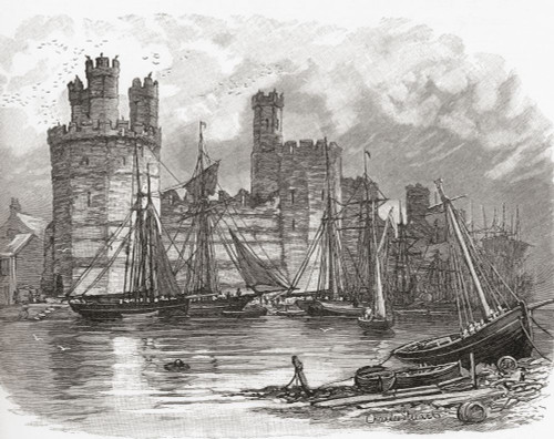 Caernarfon Castle, aka Carnarvon Castle or Caernarvon Castle, Caernarfon, Gwynedd, north-west Wales, seen from across the River Seiont in the 19th century.  From Welsh Pictures, published 1880. Poster Print by Ken Welsh (17 x 13)