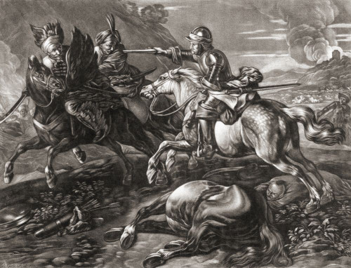 A European cavalry man aiming a pistol charges two Janissaries.  The Janissaries were elite troops of the Ottoman Empire.  After an 18th century work by Jan van Huchtenburg Poster Print by Ken Welsh (17 x 13)
