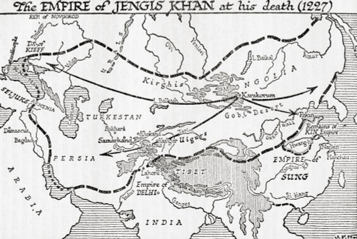 Map showing the Empire of Jengis Khan, or Genghis Khan, at his death, 1227. From A Short History of the World, published c.1936 Poster Print by Ken Welsh (17 x 11)