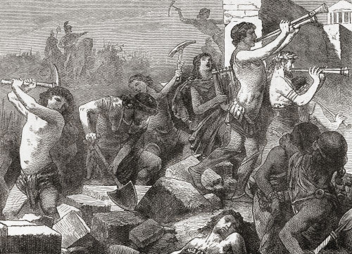 Spartan admiral Lysander demolishing the walls of Athens, Greece, after the Battle of Aegospotami, 404 BC.  A Popular History of Greece, published 1887. Poster Print by Ken Welsh (18 x 13)
