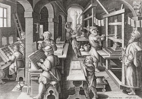 A European printshop circa 1590.  After a work by Philips Galle. Poster Print by Ken Welsh (18 x 12)