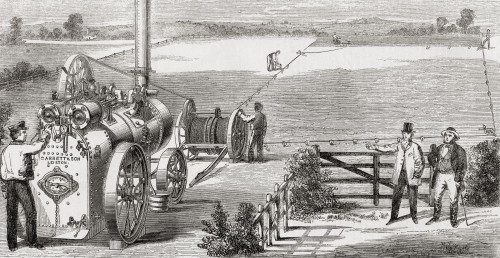 Garrett and Son's double-cylinder steam ploughing engine and tackle.  From A Concise History of The International Exhibition of 1862, published 1862. Poster Print by Ken Welsh (21 x 11)