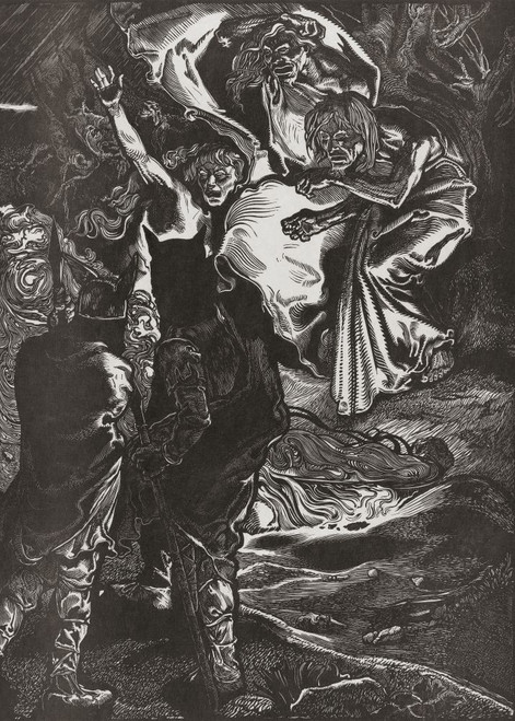 Macbeth and Banquo meet the three witches.  A scene from WIlliam Shakespeare's Macbeth, Act 1, Scene 3.   After an early 20th century work by Johannes Josephus Aarts. Poster Print by Ken Welsh (12 x 17)