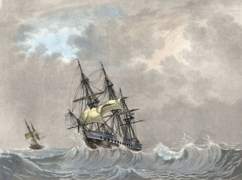 Dutch navy frigate under sail, early 19th century.  After a print by Willem Hendrik Hoogkamer from a drawing by Lieutenant van der Hart. Poster Print by Ken Welsh (16 x 12)