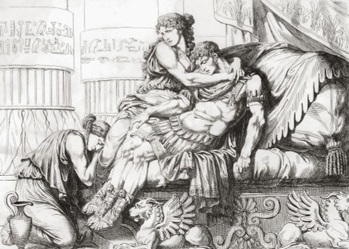 Marc Antony dies in Cleopatra's arms after stabbing himself with his sword.  After a 19th century work by Bartolomeo Pinelli. Poster Print by Ken Welsh (16 x 11)
