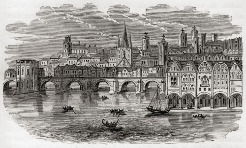 The Custom House with London Bridge and part of London, England, seen here in the 15th century.  From The History of Progress in Great Britain, published 1866. Poster Print by Ken Welsh (19 x 11)