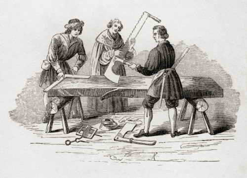 Carpenters and their tools in the 16th century.  From The History of Progress in Great Britain, published 1866. Poster Print by Ken Welsh (17 x 12)