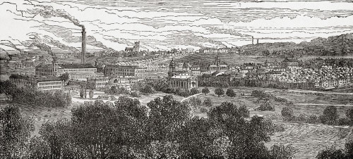 Saltaire Mills, Bradford, West Yorkshire, England in the 19th century, seen here from the north west near Shipley Green.  From Great Engineers, published c.1890 Poster Print by Ken Welsh (21 x 9)