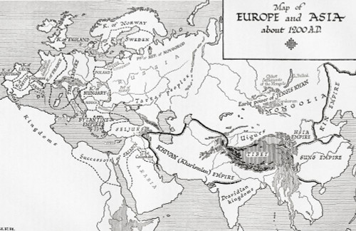 Map of Europe and Asia circa 1200 AD.  From the book Outline of History by H.G. Wells, published 1920. Poster Print by Ken Welsh (18 x 12)