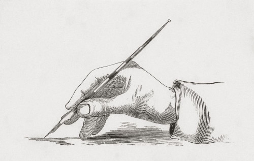 Hand holding old fashioned pen with nib.  After a 19th century print by an unidentified artist. Poster Print by Ken Welsh (17 x 11)