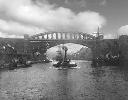 Magic Lantern slide, circa 1880, Victorian/Edwardian, social history. The steam paddle tugs  on the River Wear with clipper ships in the background, black and white; Sunderland, Tyne and Wear, England Poster Print by John Short (17 x 13)