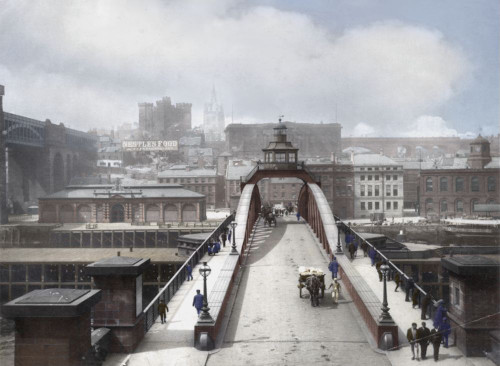 Postcard circa 1900, Victorian/Edwardian, social history. Swing Bridge and High Level bridge with horse and carts; Newcastle Upon Tyne, Tyne and Wear, England Poster Print by John Short (18 x 13)
