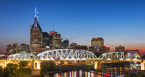 Nashville city skyline at dusk in Tennessee. Poster Print by Loop Images Ltd. (19 x 10)