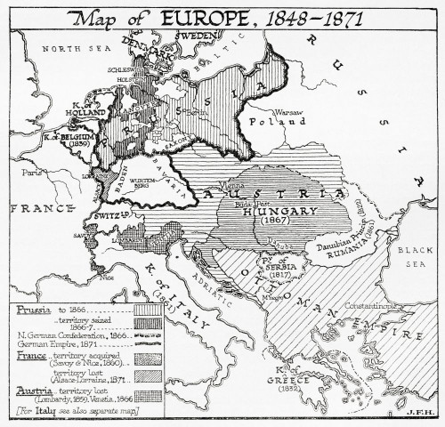 Map of Europe, 1848 - 1871.  From the book Outline of History by H.G. Wells, published 1920. Poster Print by Ken Welsh (15 x 15)