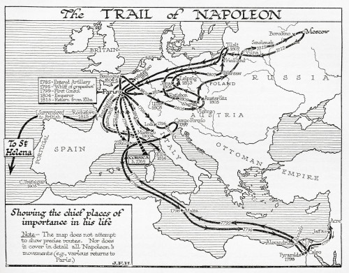 Map showing the trail of Napoleon, 1785-1815.  From the book Outline of History by H.G. Wells, published 1920. Poster Print by Ken Welsh (17 x 13)