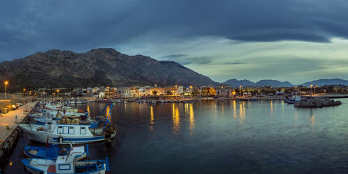 Panoramic view of the harbour at twilight. Poster Print by Loop Images Ltd. (21 x 10)