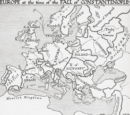 Map of Europe at the time of the Fall of Constantinople, 15th century.  From the book Outline of History by H.G. Wells, published 1920. Poster Print by Ken Welsh (16 x 14)