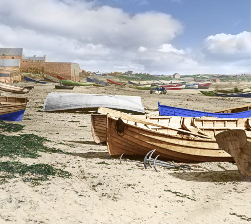 Magic Lantern slide circa 1880, Victorian/Edwardian, social history. Newbiggin beach with coble fishing boats on the beach, hand coloured; Newbiggin-by-the-sea, Northumberland, England Poster Print by John Short (16 x 14) Magic Lantern slide circa 1880, Victorian/Edwardian, social history. Newbiggin beach with coble fishing boats on the beach, hand coloured; Newbiggin-by-the-sea, Northumberland, England Poster Print by John Short (16 x 14)