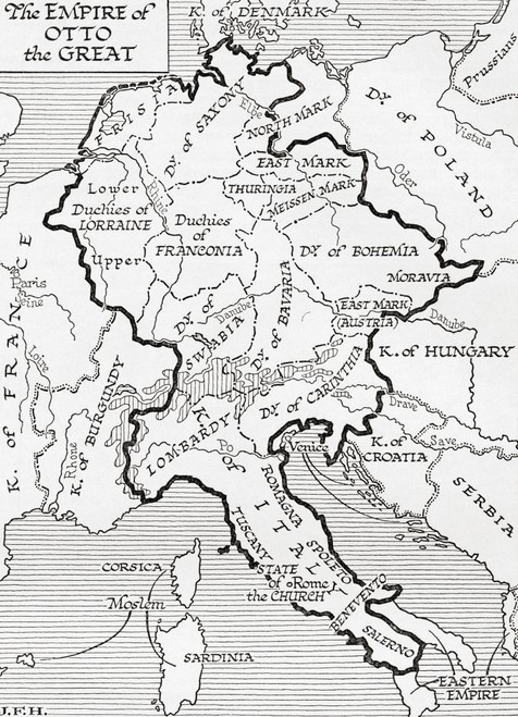 Map of the empire of Otto the Great, 10th century.  From the book Outline of History by H.G. Wells, published 1920. Poster Print by Ken Welsh (13 x 18)