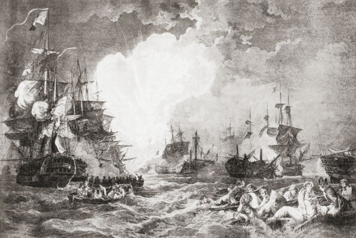 The Battle of the Nile also called the Battle of Aboukir Bay, fought between the British Royal Navy and the Navy of the French Republic at Aboukir Bay, 1798. Poster Print by Hilary Jane Morgan (17 x 11)