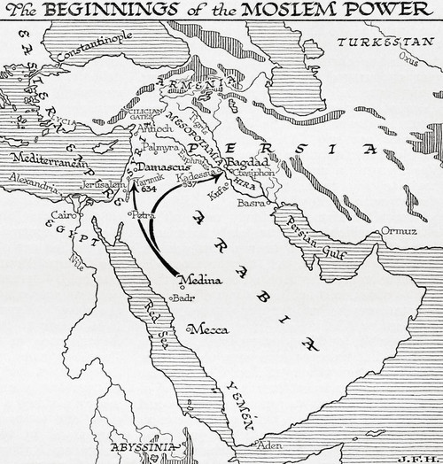 Map showing the beginnings of the Moslem Power, 7th century.  From the book Outline of History by H.G. Wells, published 1920. Poster Print by Ken Welsh (14 x 15)