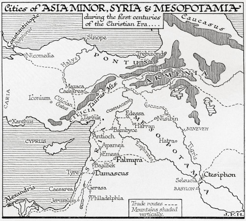 Map of Asia Minor, Syria, and Mesopotamia during the first centuries of the Christian era.  The dotted line denotes trade routes.  From the book Outline of History by H.G. Wells, published 1920. Poster Print by Ken Welsh (16 x 14)