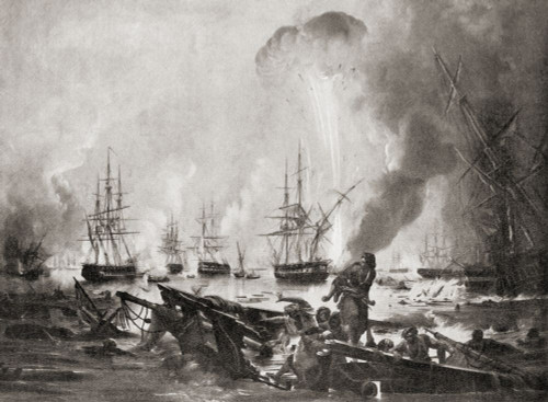 The Battle of Navarino, 1827 in Navarino Bay, Greece between the Ottoman Empire and the allied British, French and Russian forces during the Greek War of Independence. Poster Print by Hilary Jane Morgan (16 x 12)