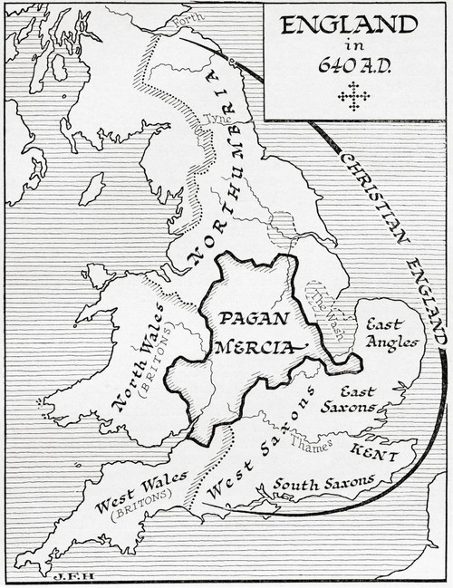 Map of England in 640 A.D.  From the book Outline of History by H.G. Wells, published 1920. Poster Print by Ken Welsh (13 x 18)
