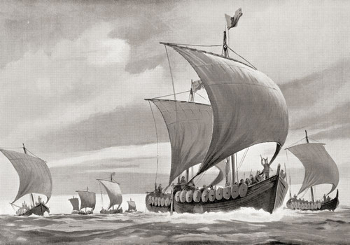 A fleet of Viking ships on a raid. Poster Print by Hilary Jane Morgan (16 x 11)