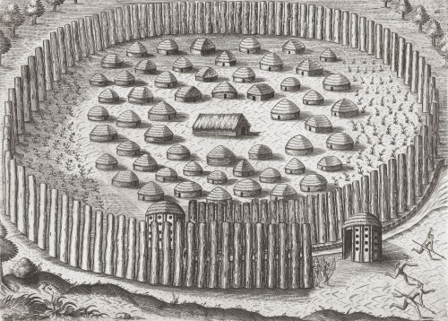 A native American village in Florida in the late 16th century. After an engraving by Theodor de Bry Poster Print by Ken Welsh (17 x 12)