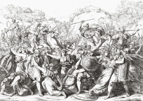 The Sabine women intervene between the warring sides in the Battle of the Lacus Curtius.  An incident in Roman mythology.  After a 19th century work by Bartolomeo Pinelli. Poster Print by Ken Welsh (16 x 11)