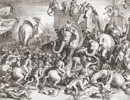 The Battle of Zama in 202 BC. The Romans led by Scipio defeated the Carthaginians led by Hannibal Barca during the Second Punic War. In this 16th century engraving Hannibal's war elephants attack Roman cavalry. Poster Print by Ken Welsh (18 x 13)