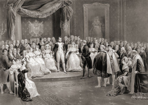 Illustration of Napoleon and his court, Napoleon Bonaparte, 1769 -1821, Emperor of the French. From an engraving by Louis Stanislas Marin-Lavigne after the painting by Victor Adam; Artwork Poster Print by Ken Welsh (19 x 13)