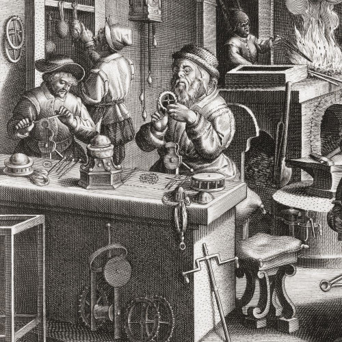 Clock makers in Holland in the late 16th century.  Detail from aan engraving by Philips Galle Poster Print by Ken Welsh (14 x 14)