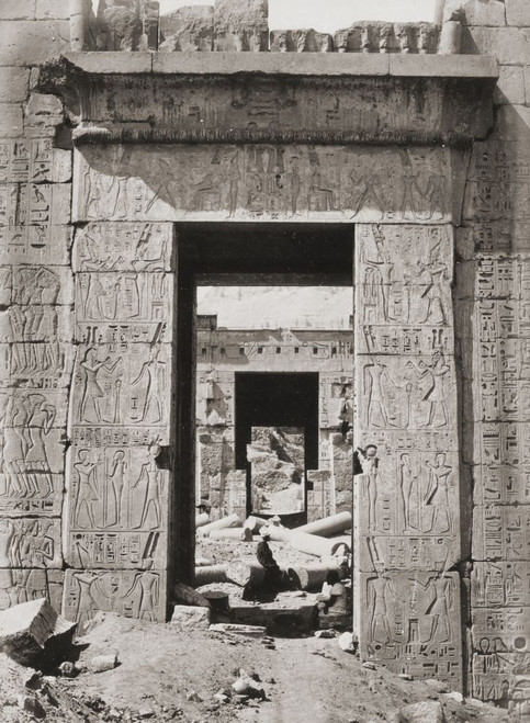 Pylon, or monumental gate, at the Medinet Habu archeological complex near Luxor, Egypt, ater a mid-19th century photograph by English photographer Francis Frith; Egypt Poster Print by Ken Welsh (11 x 16)