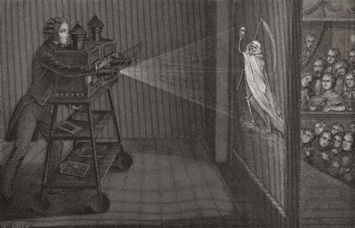 A phantasmagoria magic lantern horror show in the mid-19th century.  After an illustration by an unidentified artist. Poster Print by Ken Welsh (17 x 11)