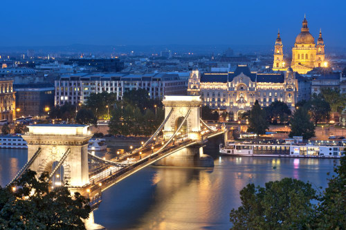 A night view of Szechenyi Chain Bridge over the Danube River in Budapest. Poster Print by Loop Images Ltd. (18 x 12)