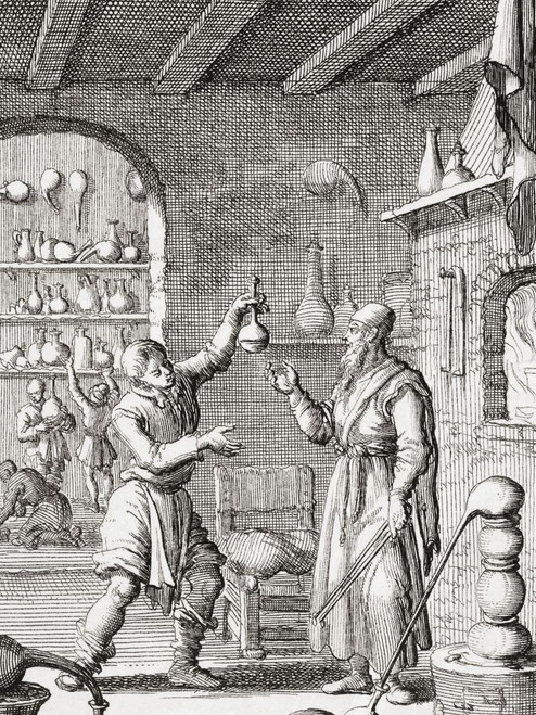 17th century chemists at work in their laboratory.  After a work by Dutch illustrator and engraver Jan Luyken. Poster Print by Ken Welsh (12 x 16)