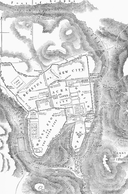 Plan of Jerusalem in the first Christian century showing Mount Zion or The Upper City and Acra or The Lower City.  From Cassell's Illustrated Universal History, published 1883. Poster Print by Ken Welsh (12 x 18)